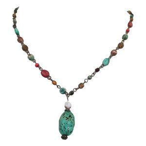 Napier Vintage Faux Turquoise Necklace Pendant Metal Beaded Gemstone S17